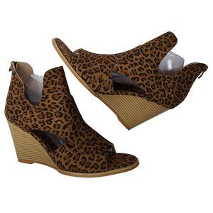 Brown Black Leopard Print Peep-Toe Wedges Size 10 Zip-back Clubwear City